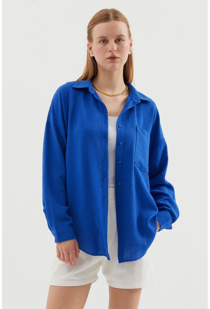 20153 Tek Cepli Oversize Keten Gömlek