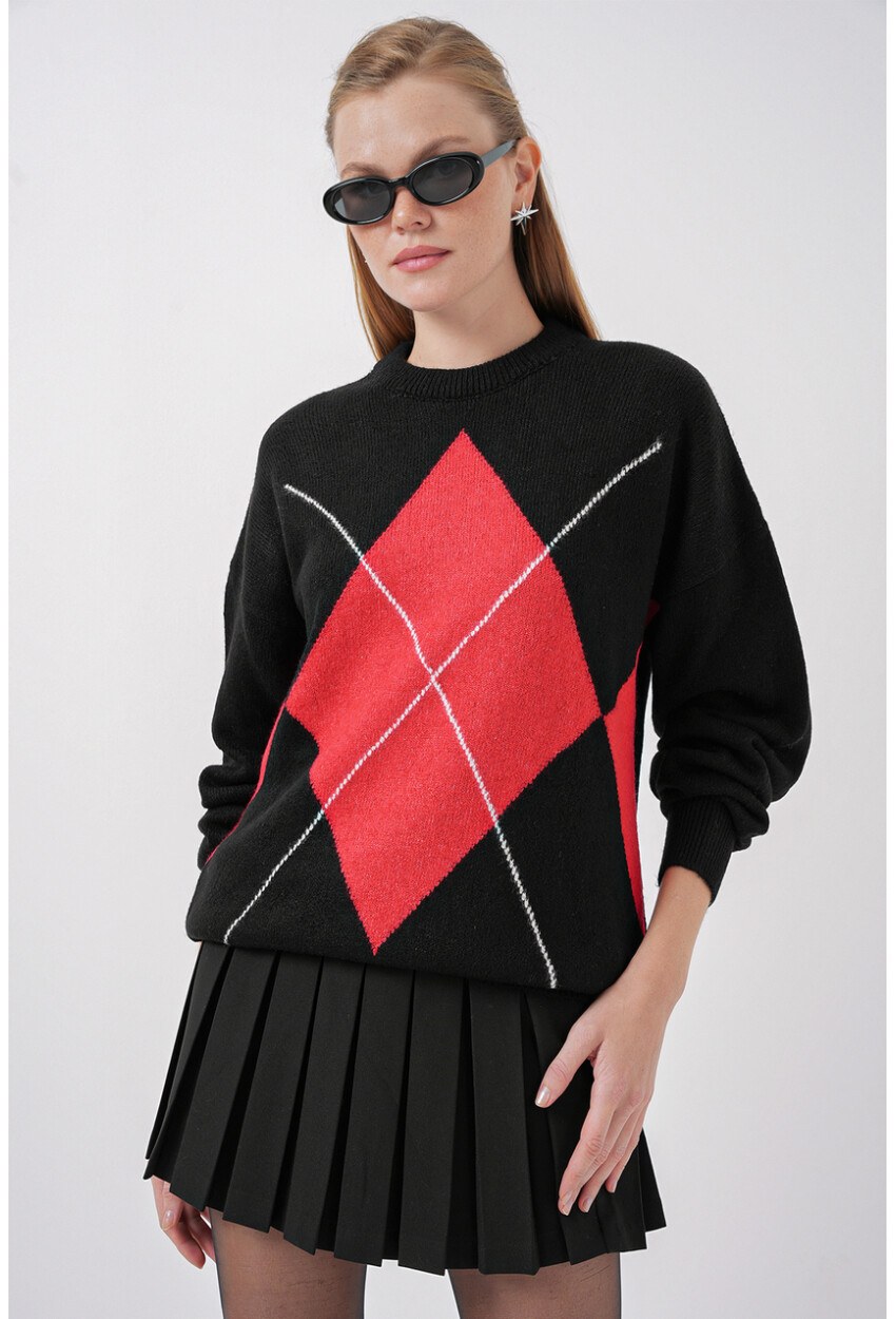 15895 Baklava Desenli Oversize Triko Kazak