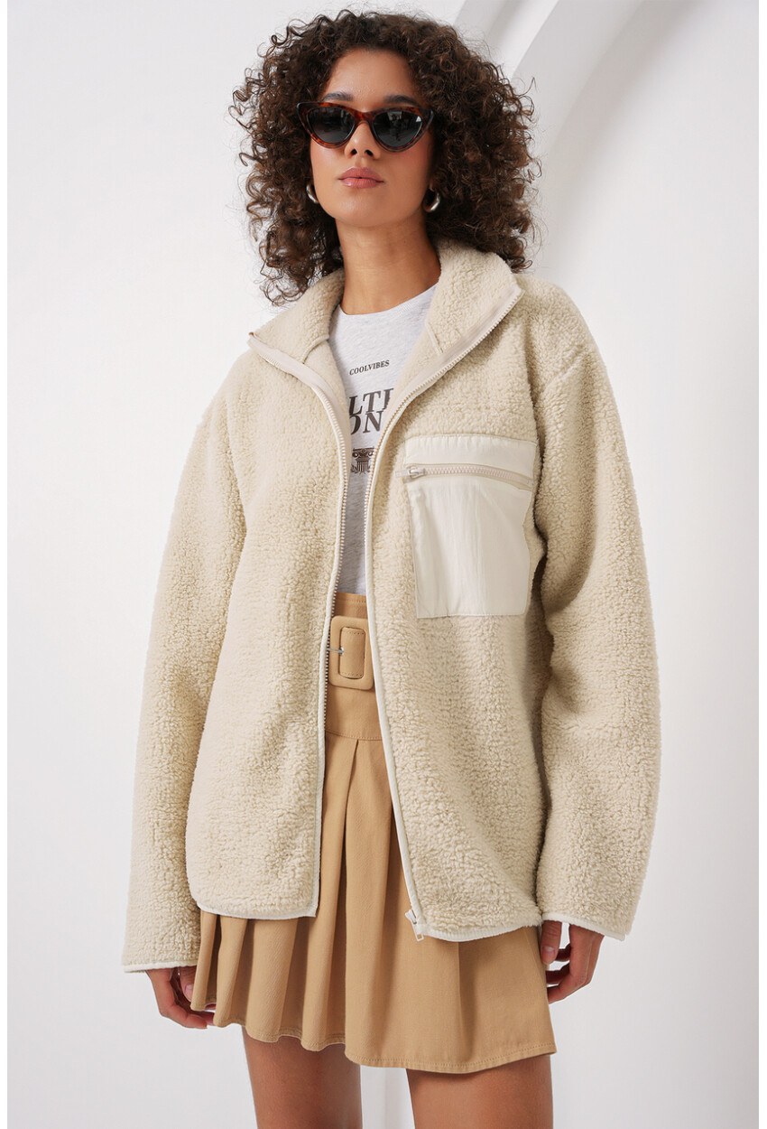 55446 Fermuarlı Oversize Peluş Ceket
