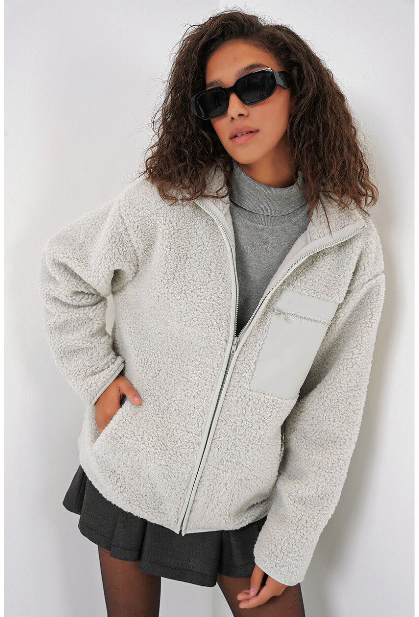 55455 Kadın Fermuarlı Oversize Peluş Ceket