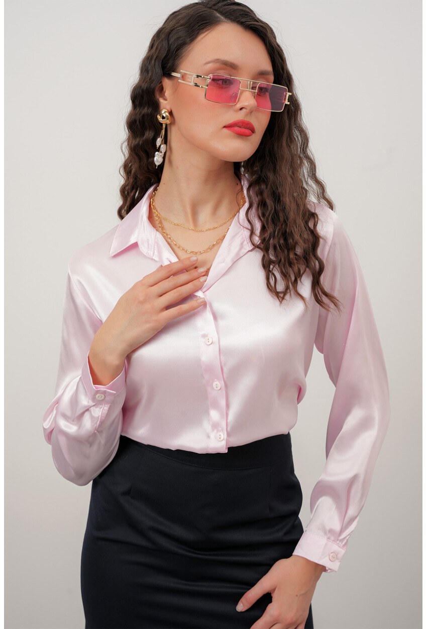 Kadın Pembe Saten Gömlek Geniş Beden Aralığı