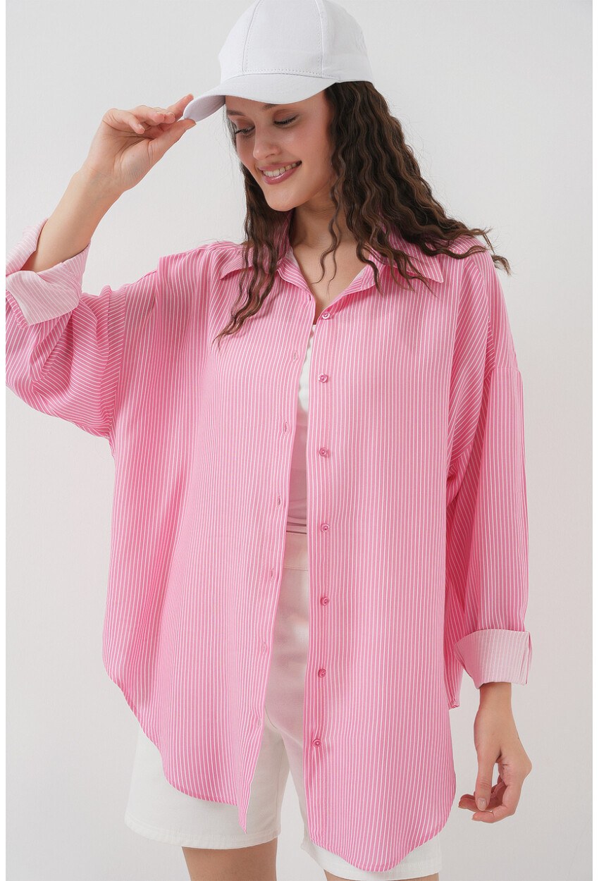Kadın Çizgili Oversize Gömlek 20295