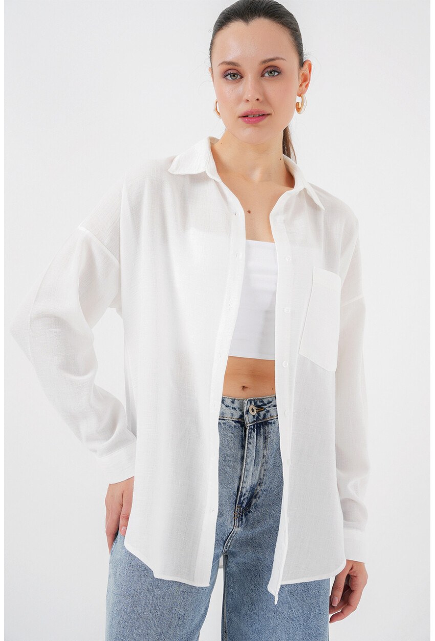 Kadın Tek Cepli Oversize Beyaz Keten Gömlek
