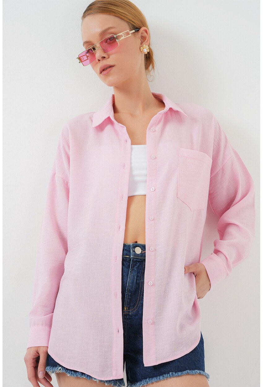 Kadın Tek Cepli Oversize Pembe Keten Gömlek