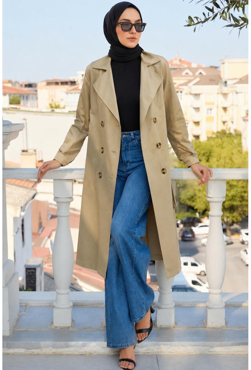 T5853 Kruvaze Yaka Tesettür Trençkot