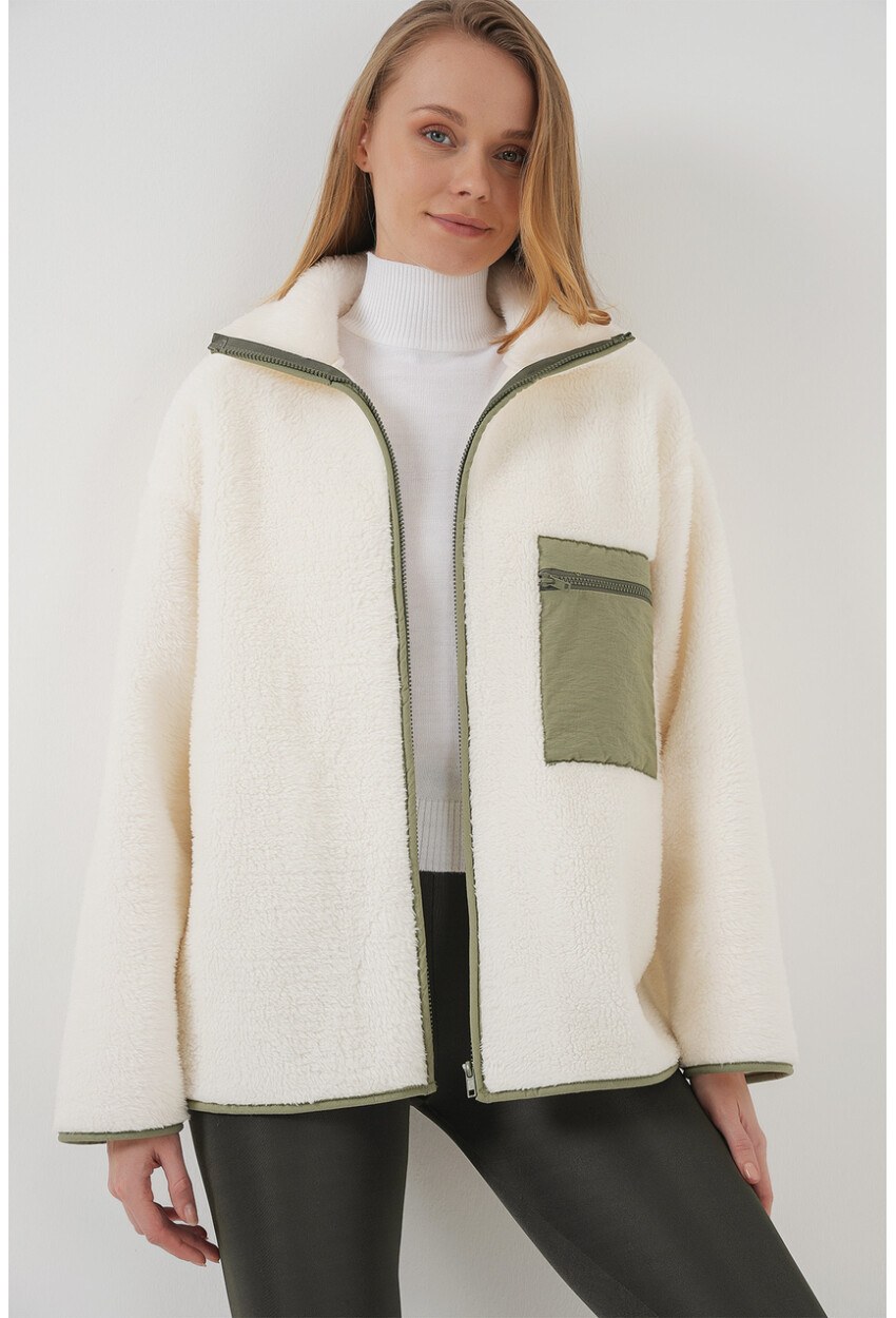 55446 Fermuarlı Oversize Peluş Ceket Mont