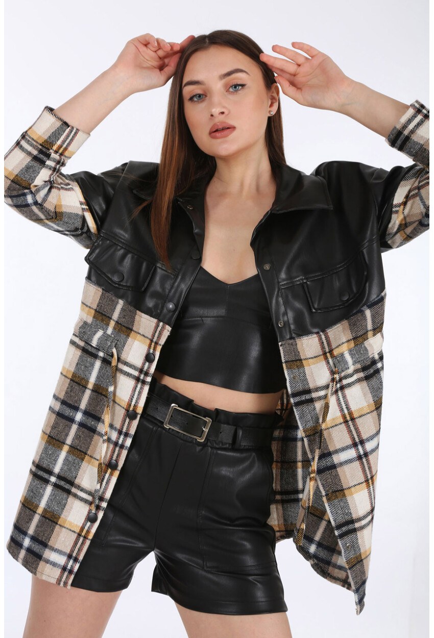 0658 Ekose Desen İnce Kaşe Oversize Ceket