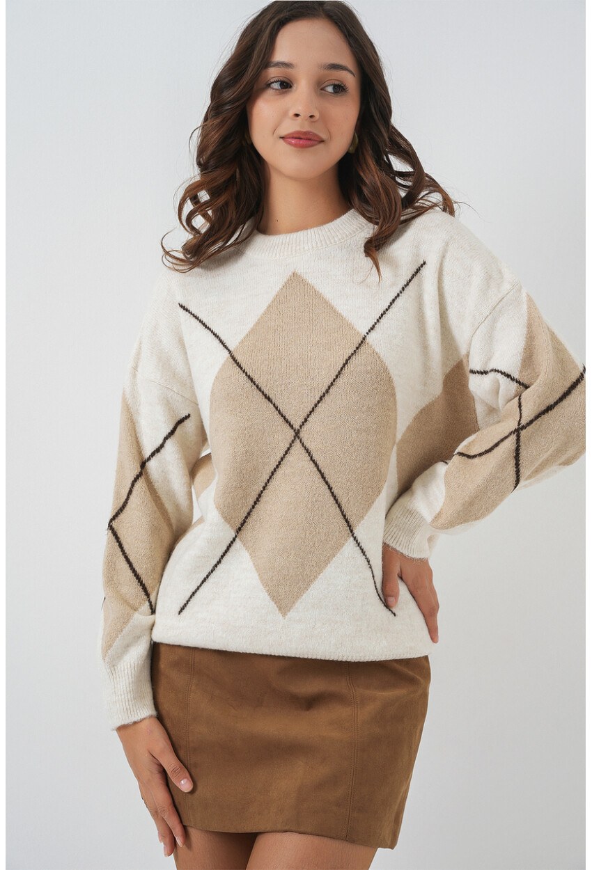 15895 Baklava Desenli Oversize Triko Kazak