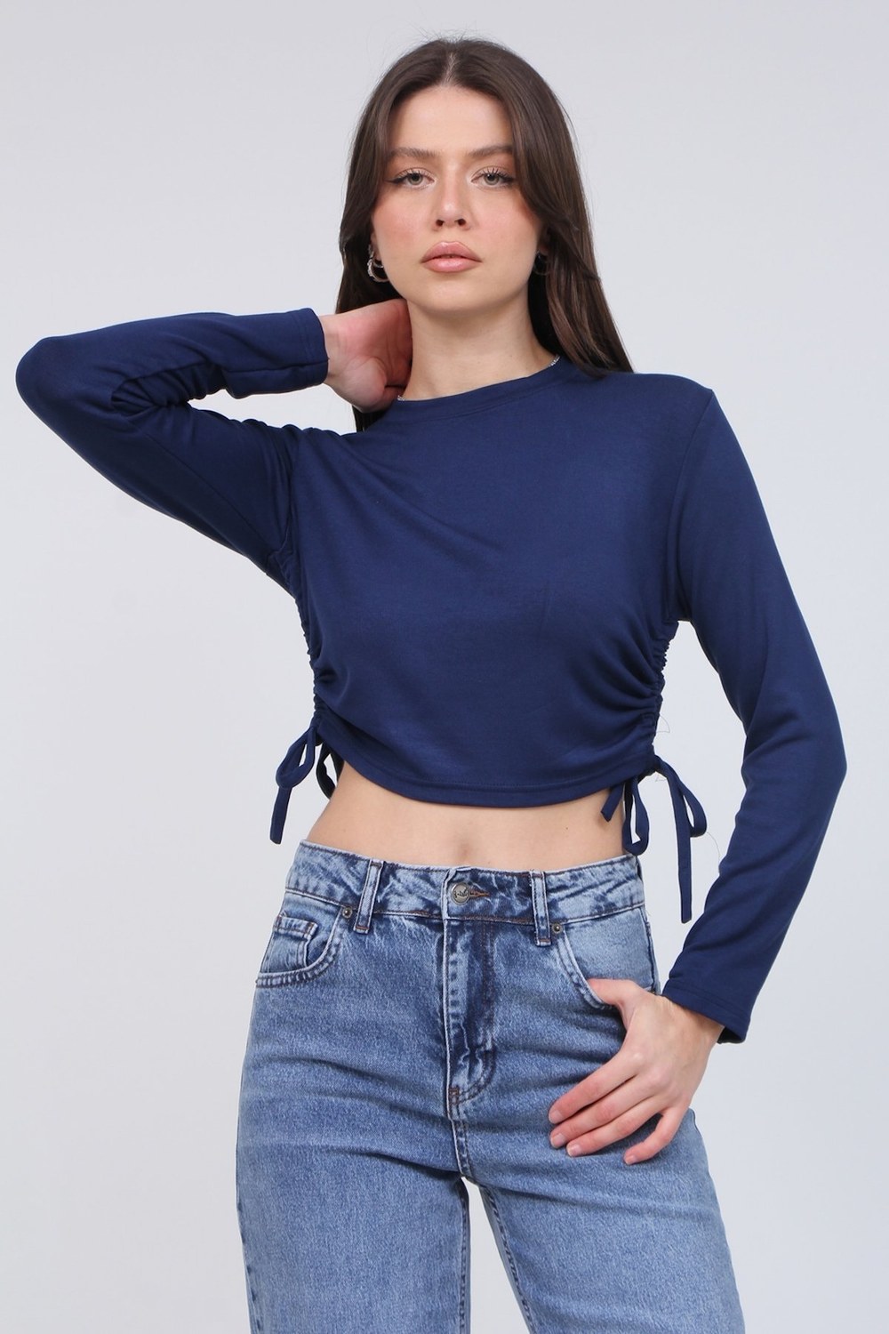 Ribona Kumaş Yan Büzgülü Crop Bluz