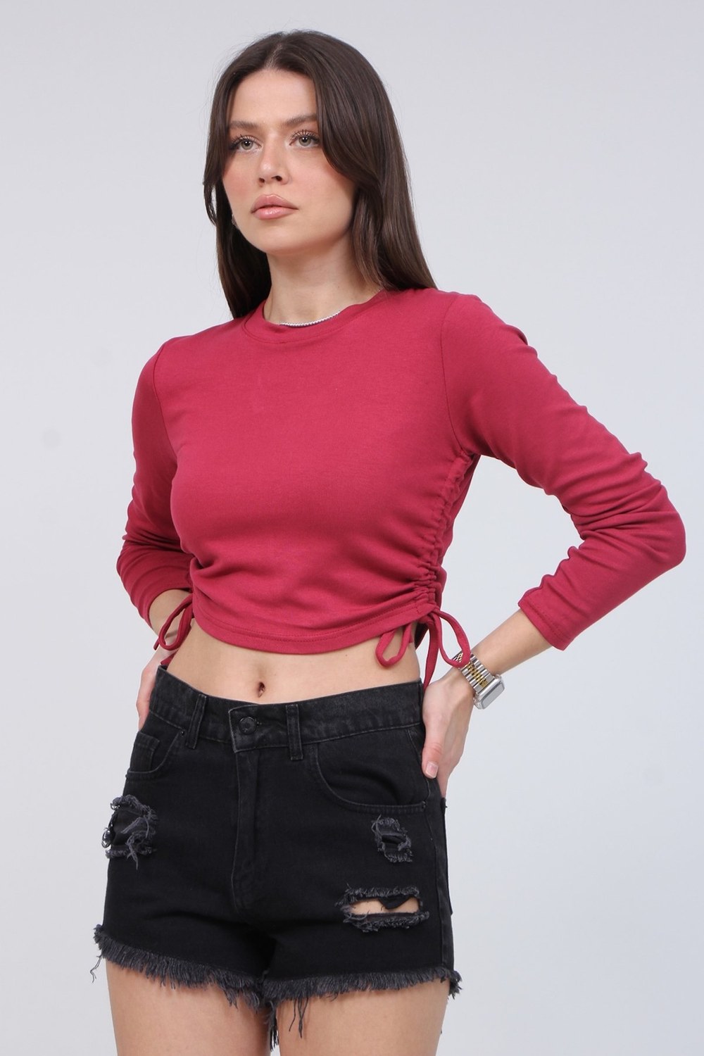 Ribona Kumaş Yan Büzgülü Crop Bluz