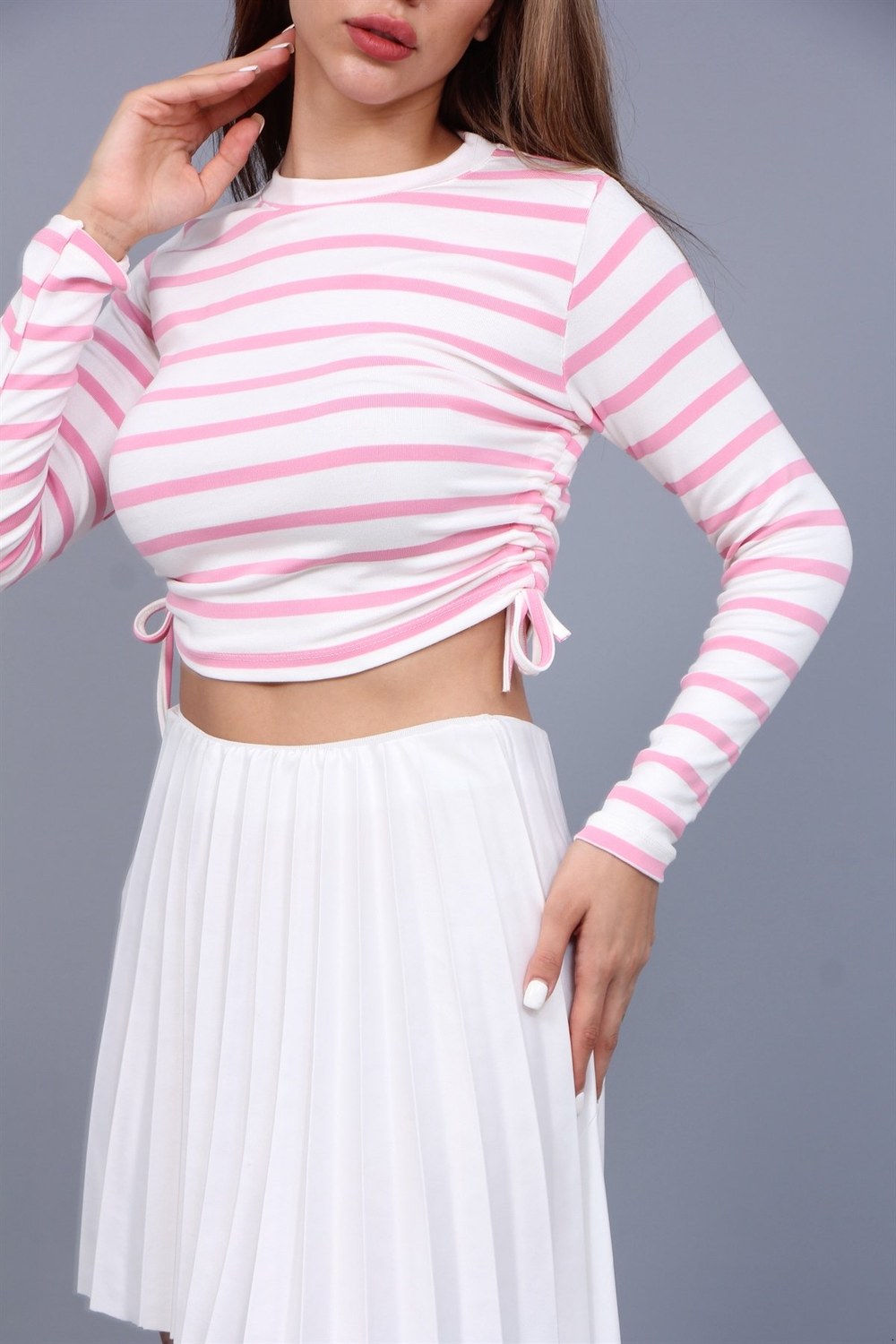 Yan Büzgülü Çizgili Crop Buluz