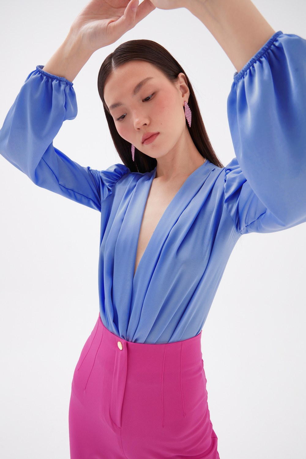 Kruvaze Saten Bodysuit Bluz - Bebe Mavi