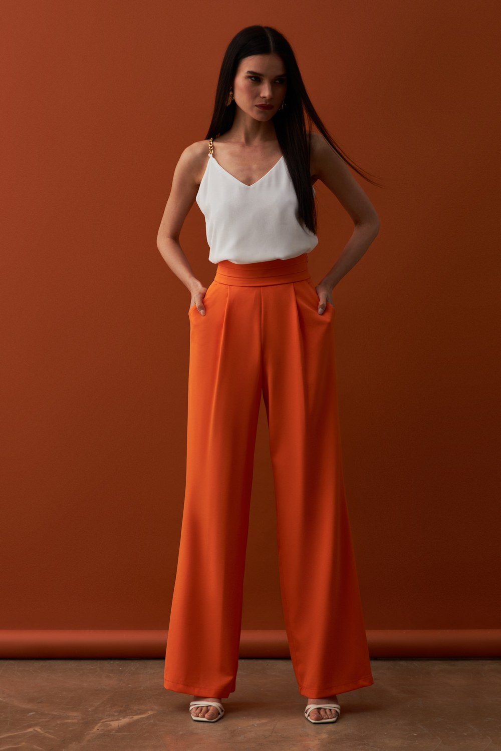 Bel Detaylı Cepli Pantolon - Oranj