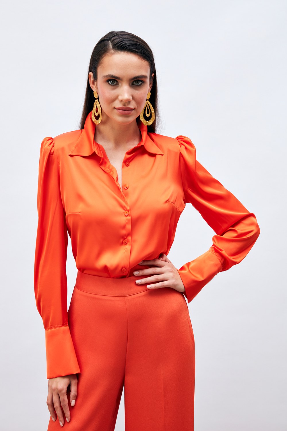 Vatkalı Saten Gömlek - Oranj