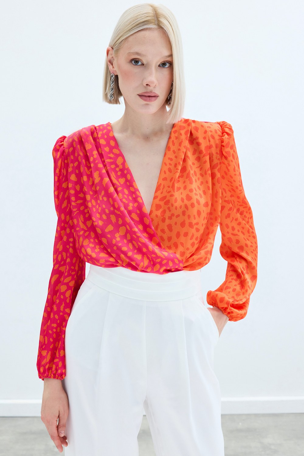 Kruvaze Desenli Bodysuit - Oranj-Fuşya