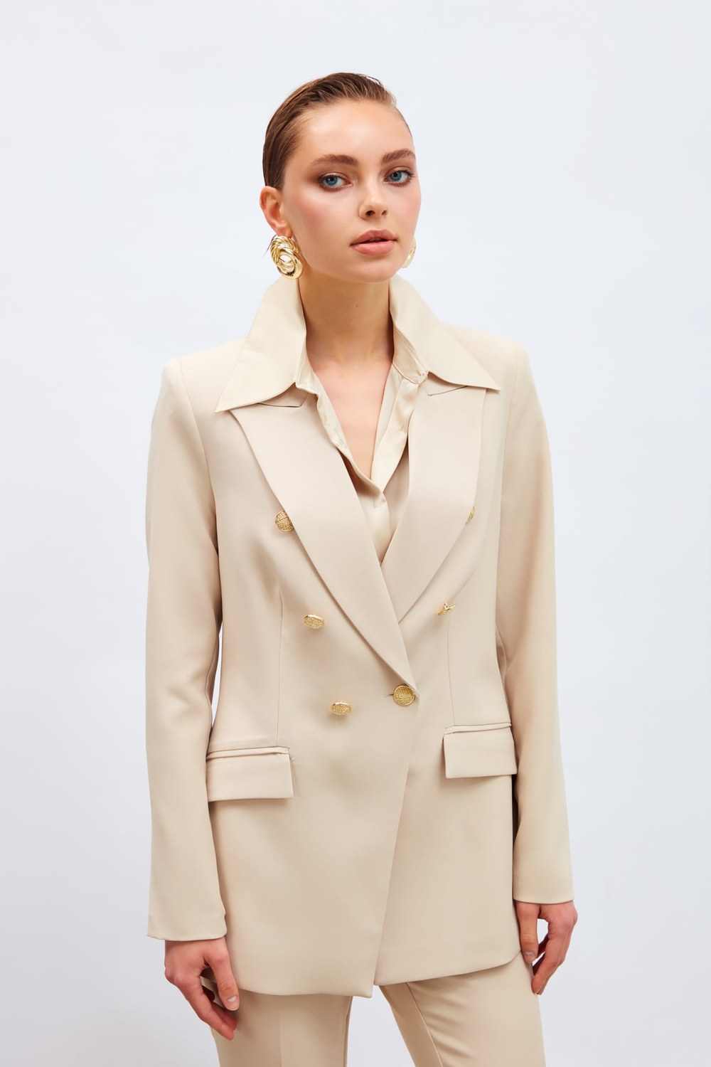 Düğmeli Blazer Ceket - Bej