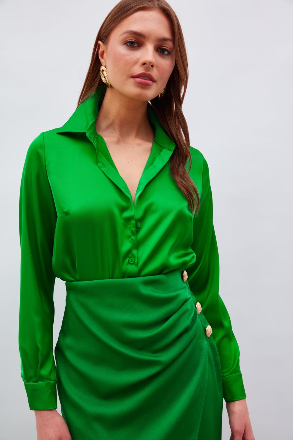 Gömlek Yaka Saten Bodysuit Bluz - K.Yeşil