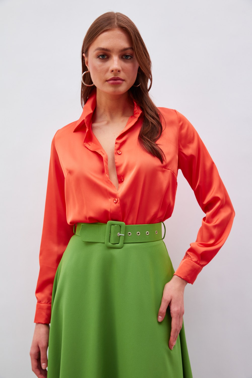 Gömlek Yaka Saten Bodysuit Bluz - Oranj