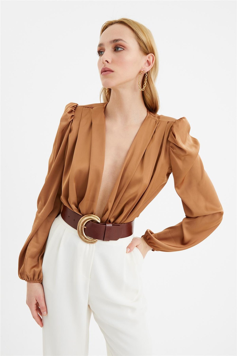 Kruvaze Saten Bodysuit Bluz - Camel