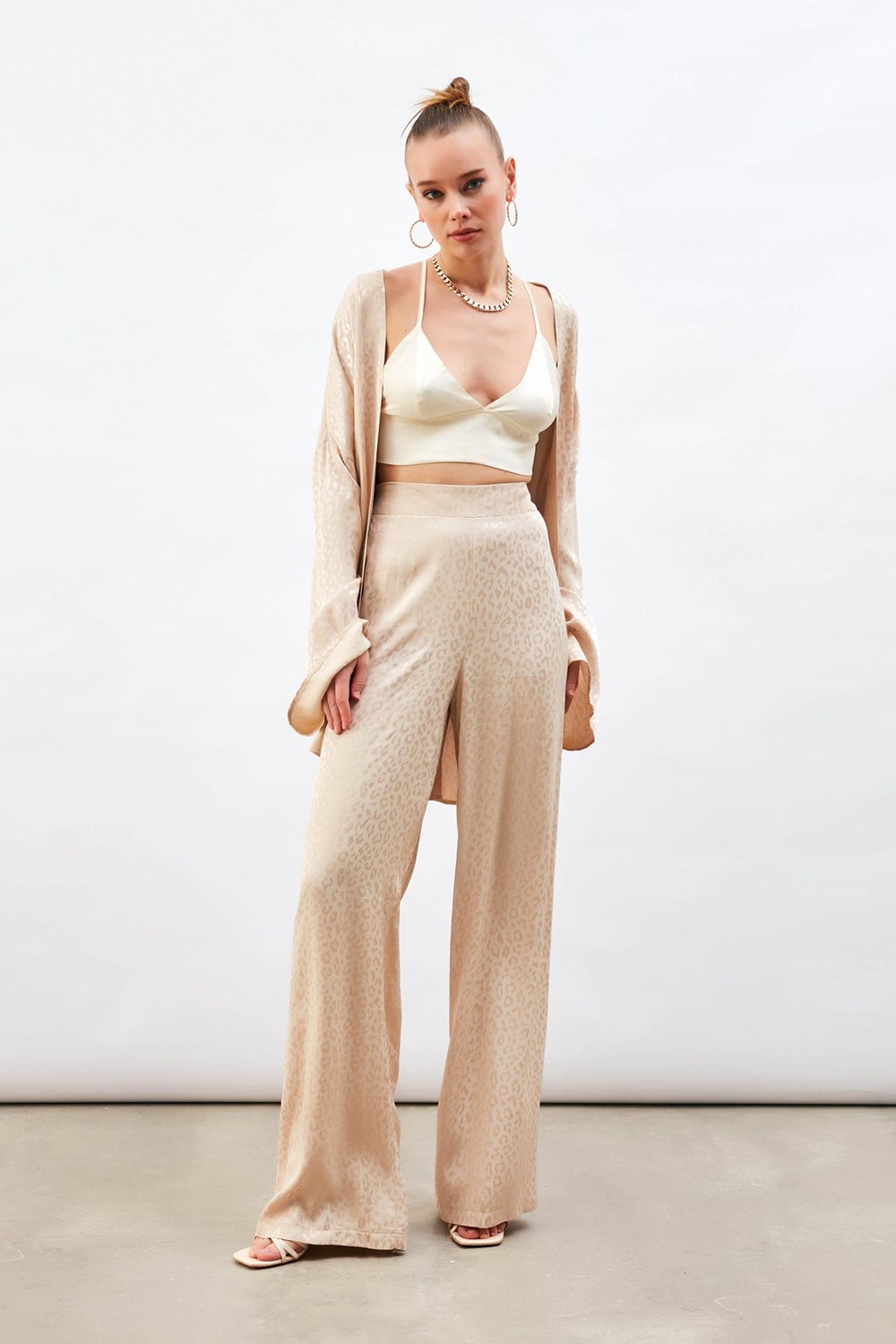 Jakarlı Leopar Pantolon - Bej