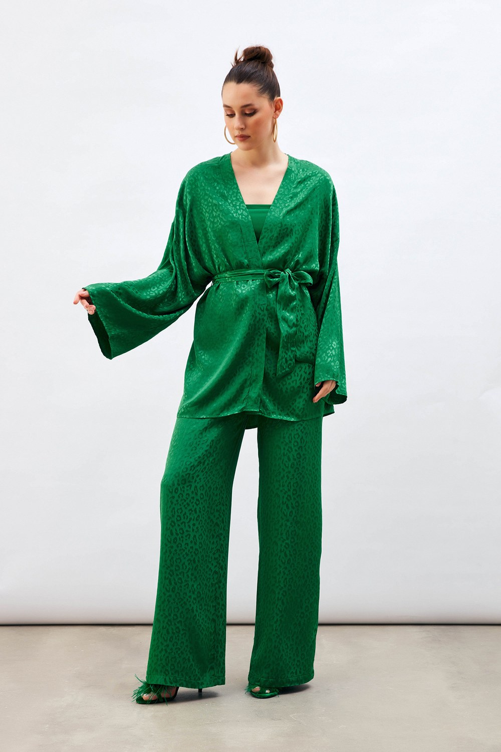Jakarlı Leopar Pantolon - Yeşil
