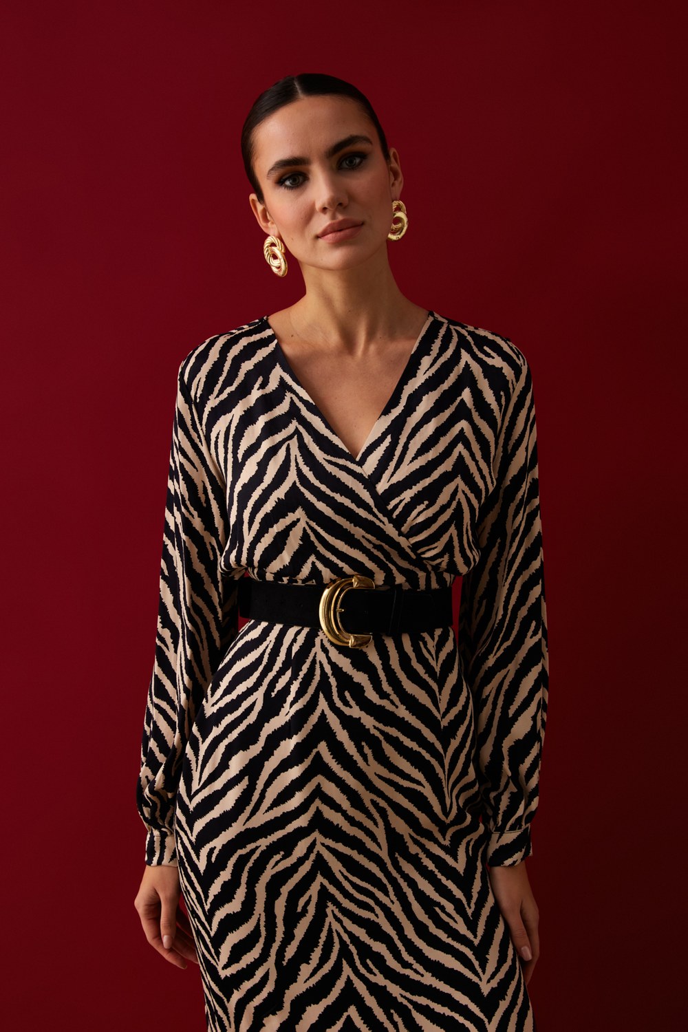 Kruvaze Zebra Desenli Saten Bluz - Siyah