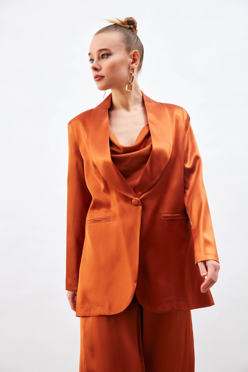 Şal Yaka Saten Ceket - Oranj