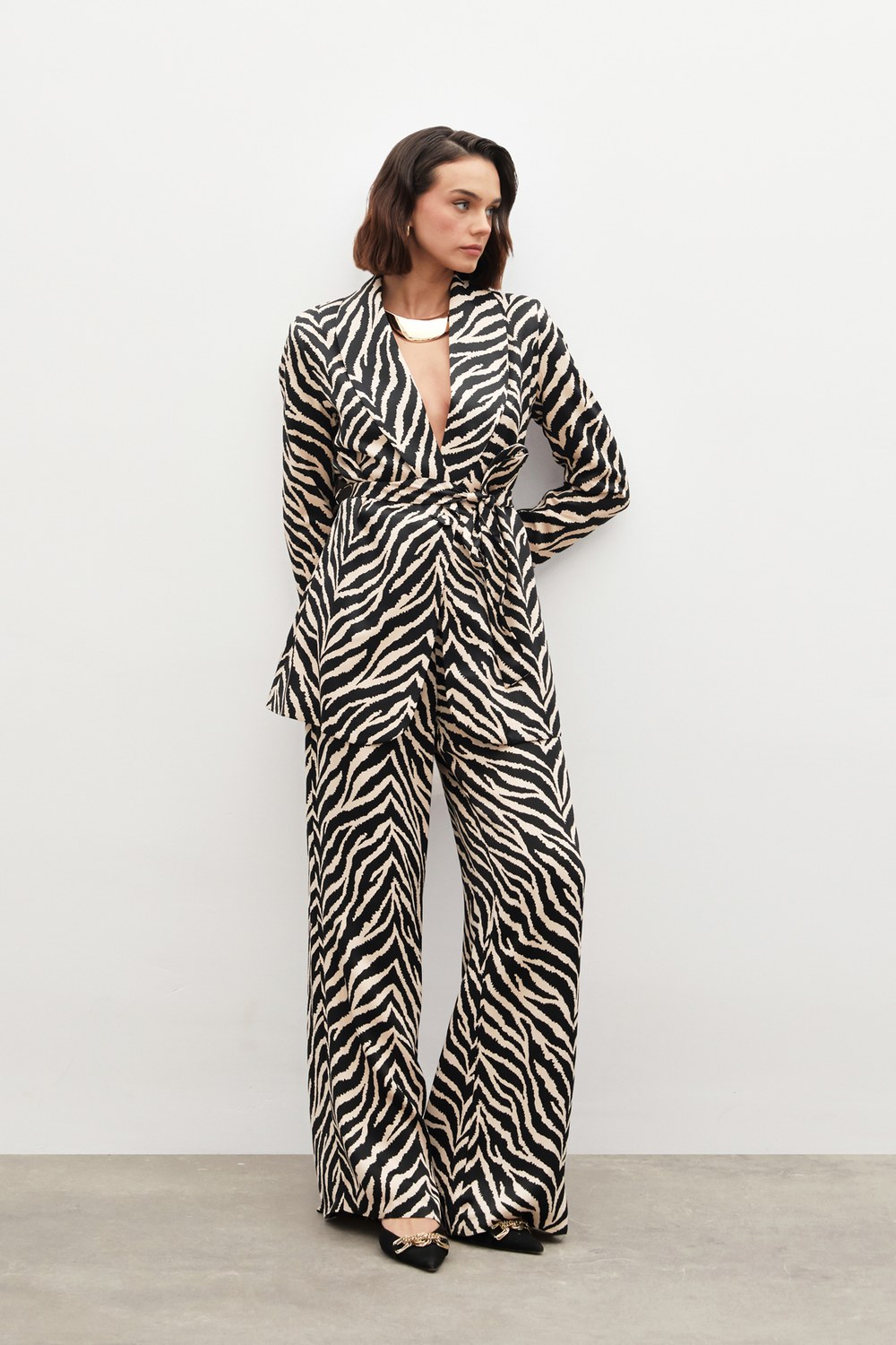 Zebra Desenli Saten Pantolon - Siyah