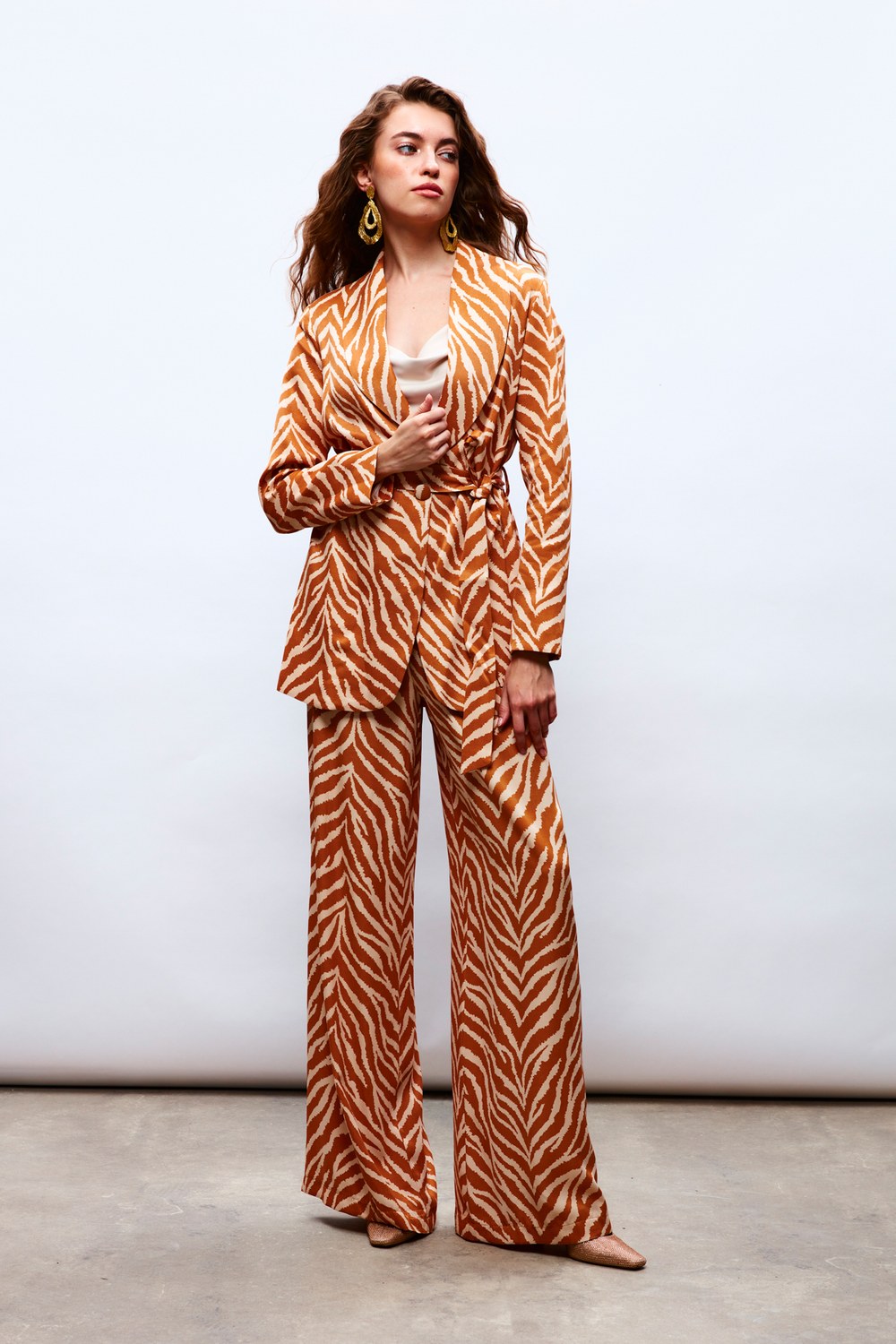 Zebra Desenli Saten Pantolon - Camel