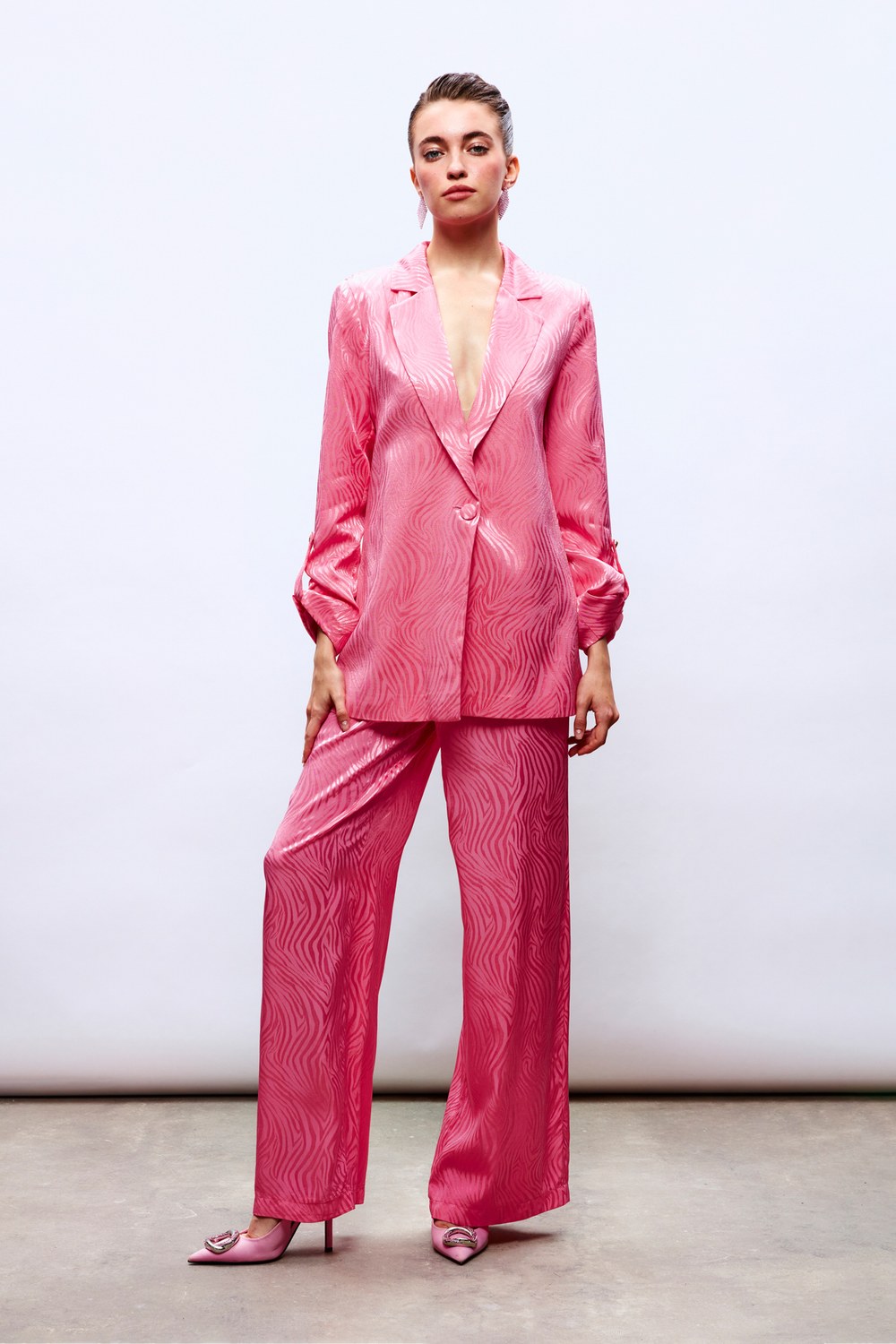 Saten Desenli Pantolon - Pembe