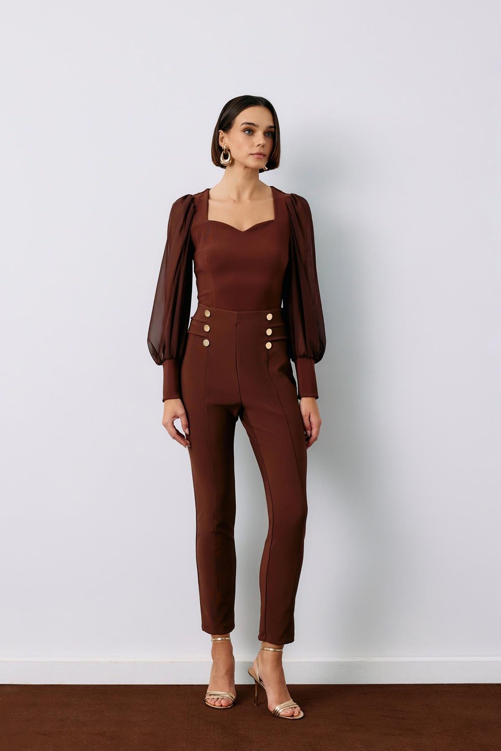 Düğme Detaylı Pantolon - Kahve