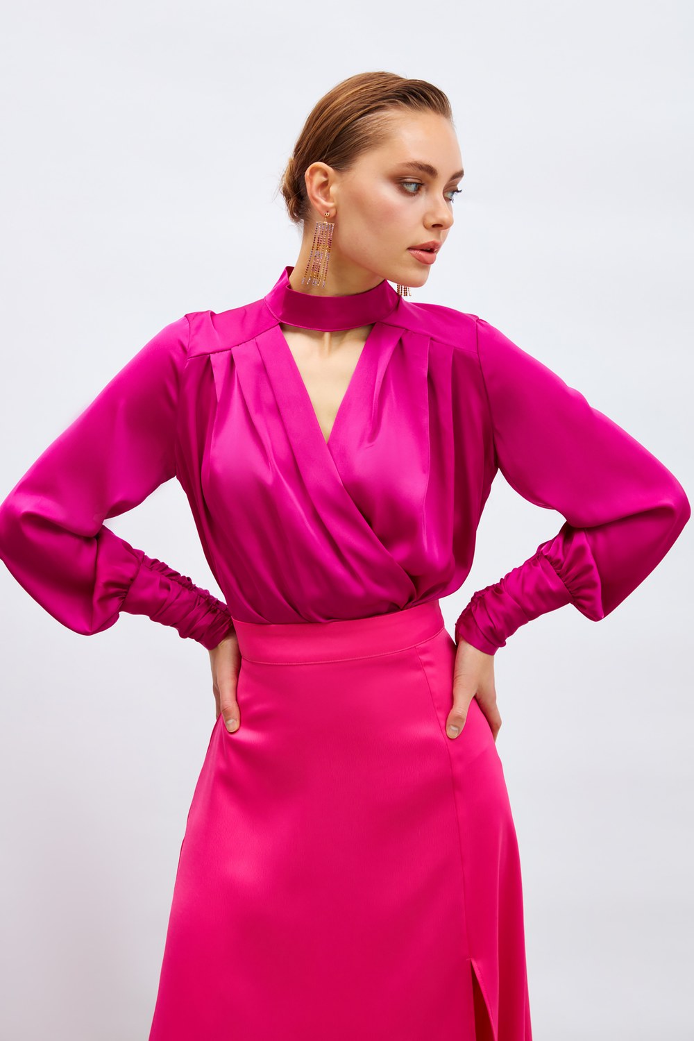 Drape Detaylı Bodysuit Bluz - Fuşya