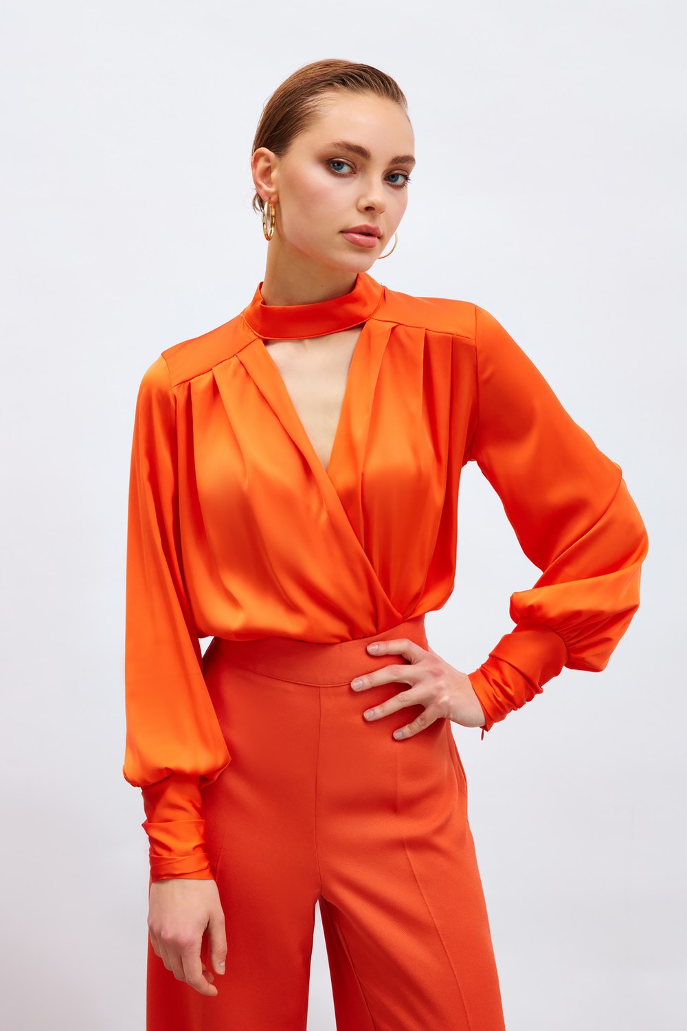 Drape Detaylı Bodysuit Bluz - Oranj