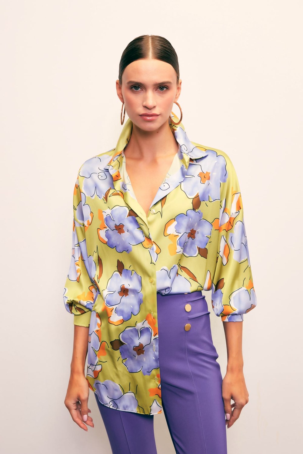 Çiçek Desenli Oversize Gömlek - Olive