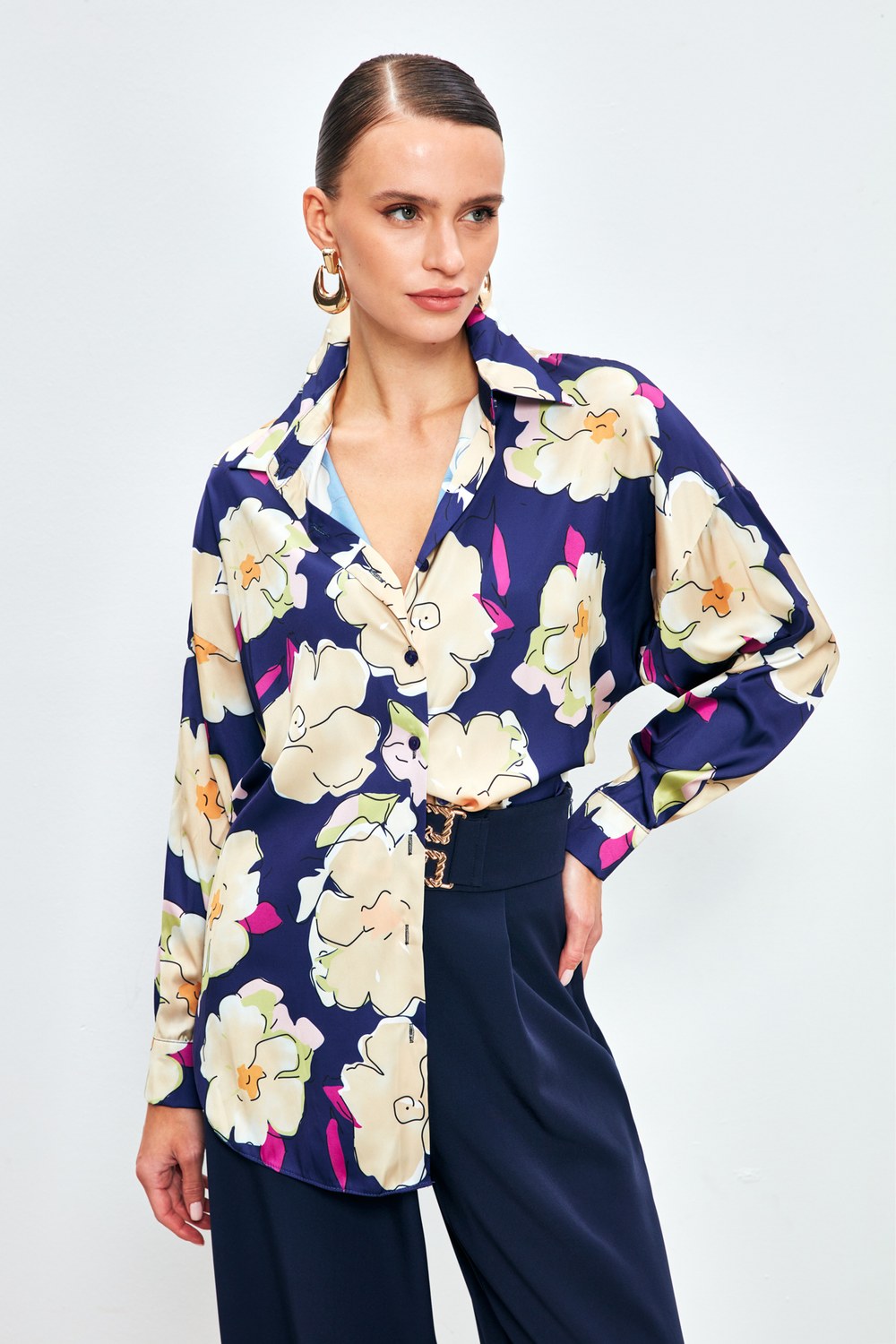 Çiçek Desenli Oversize Gömlek - Lacivert