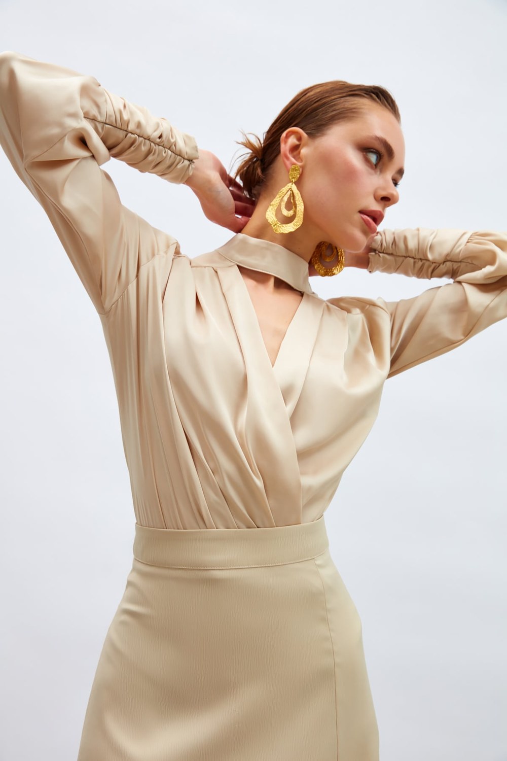 Drape Detaylı Bodysuit Bluz - Taş