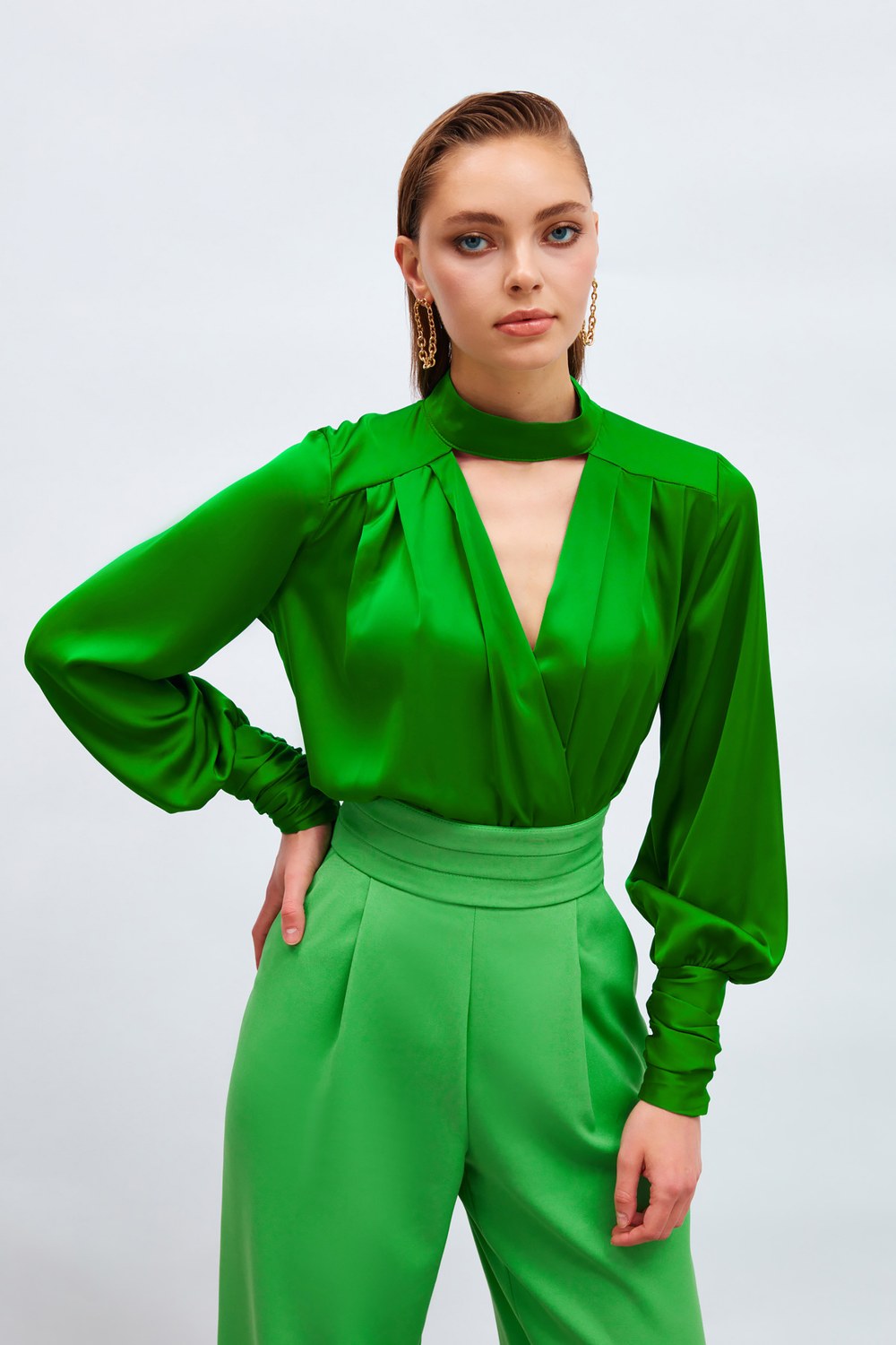 Drape Detaylı Bodysuit Bluz - Yeşil