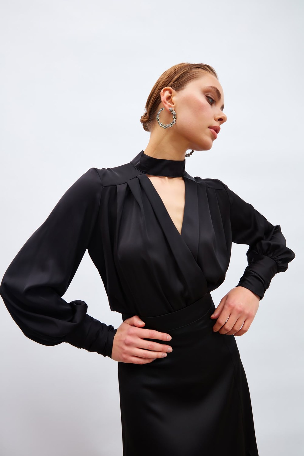 Drape Detaylı Bodysuit Bluz - Siyah