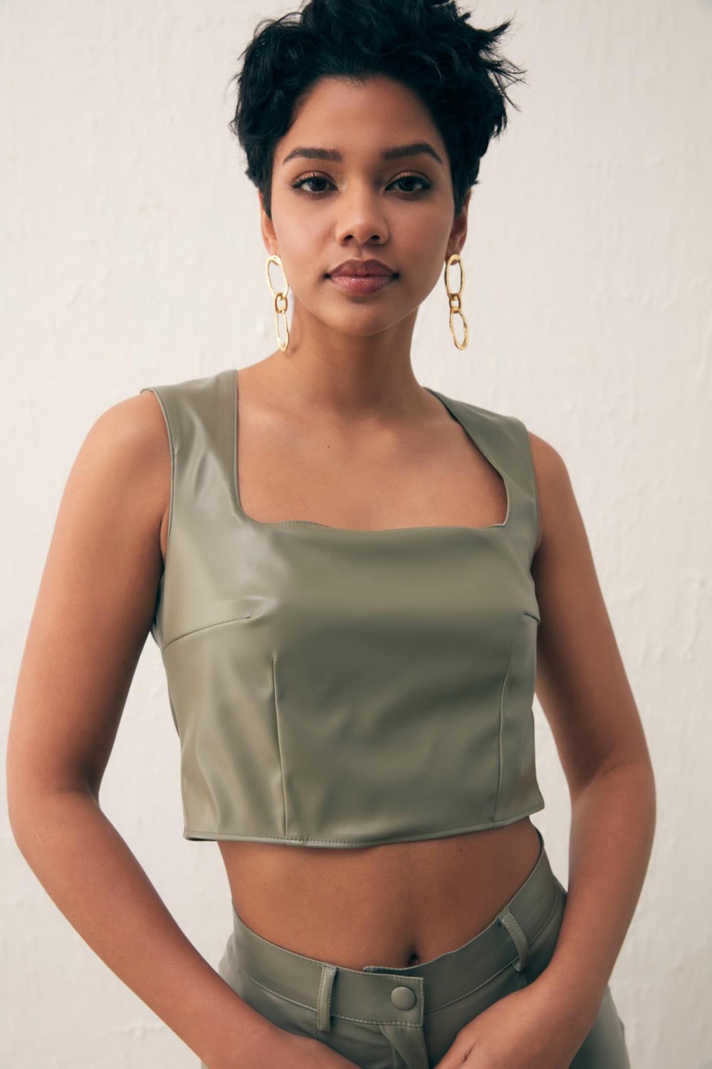 Kare Yaka Deri Crop Bluz - Çağla Yeşili