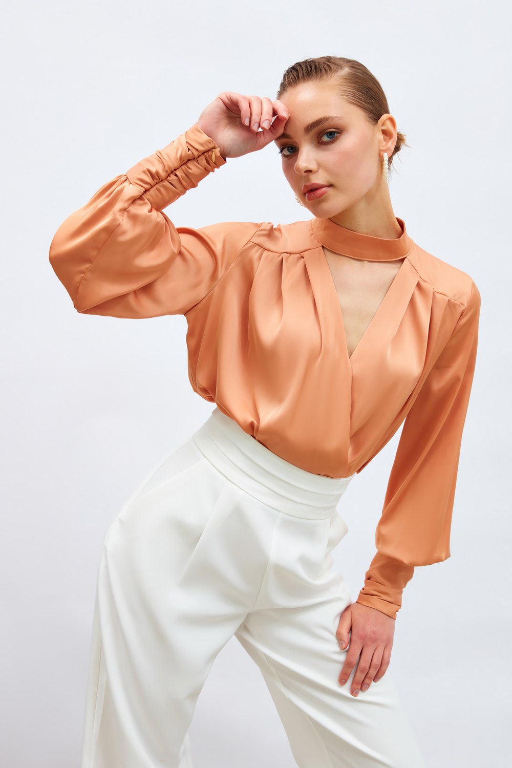 Drape Detaylı Bodysuit Bluz - Somon