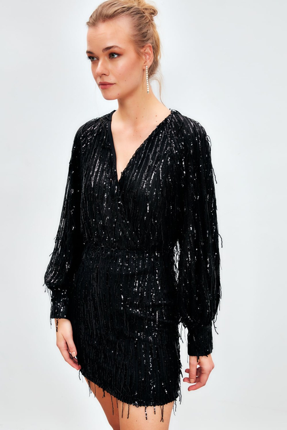 Kruvaze Payetli Bodysuit Bluz - Siyah