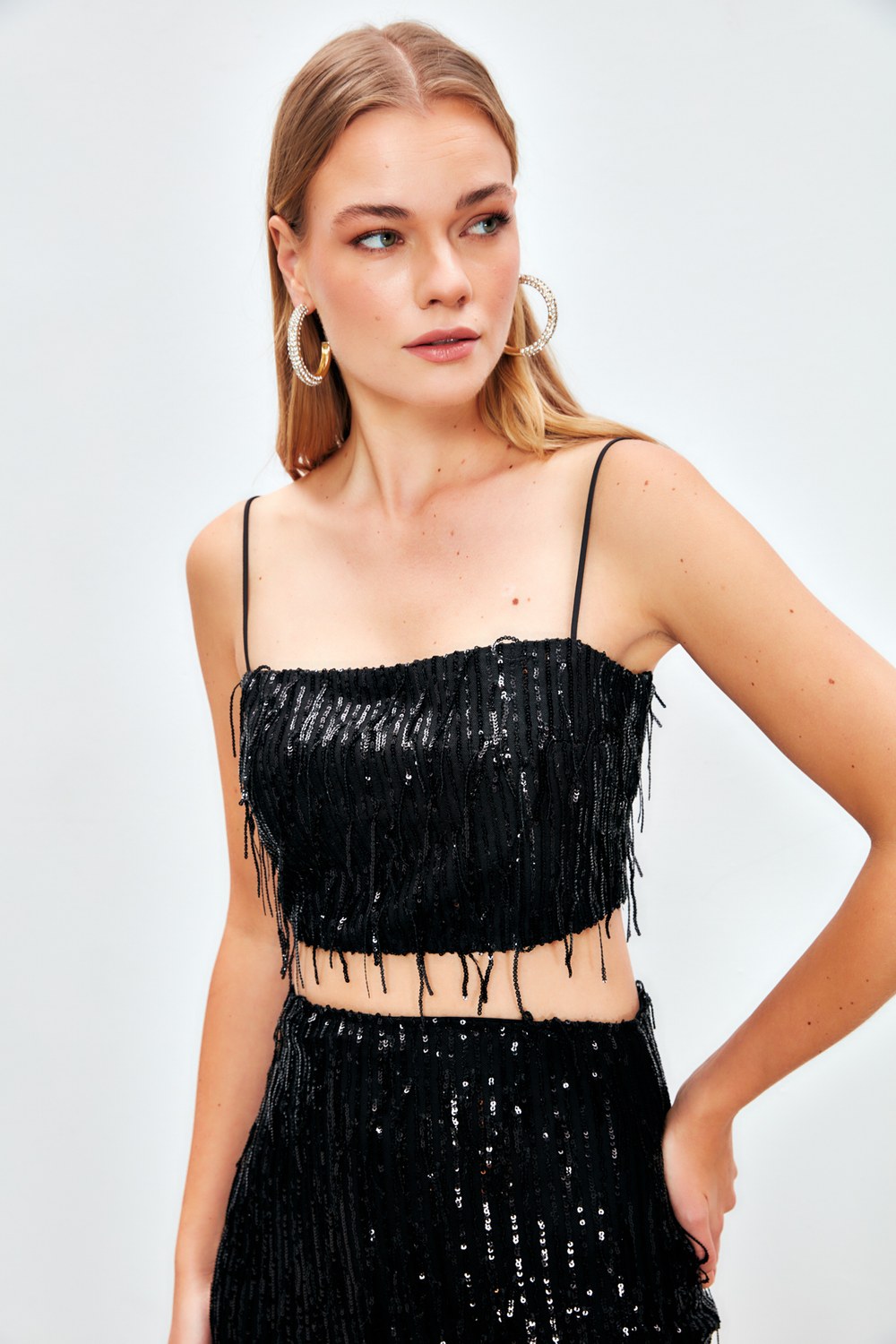 Payetli Crop Bluz - Siyah