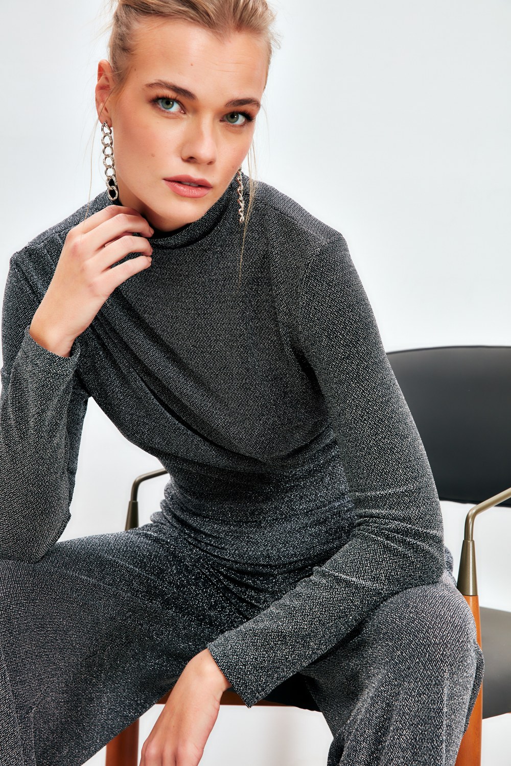 Simli Bodysuit Bluz - Gri