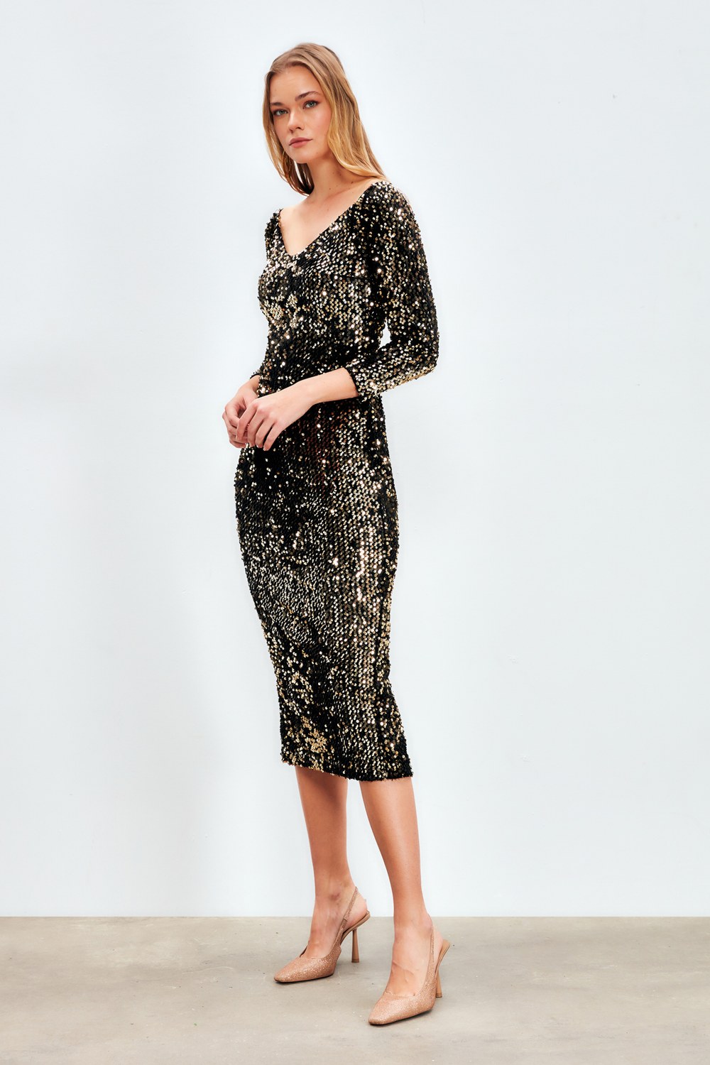 Payetli Midi Elbise - Gold