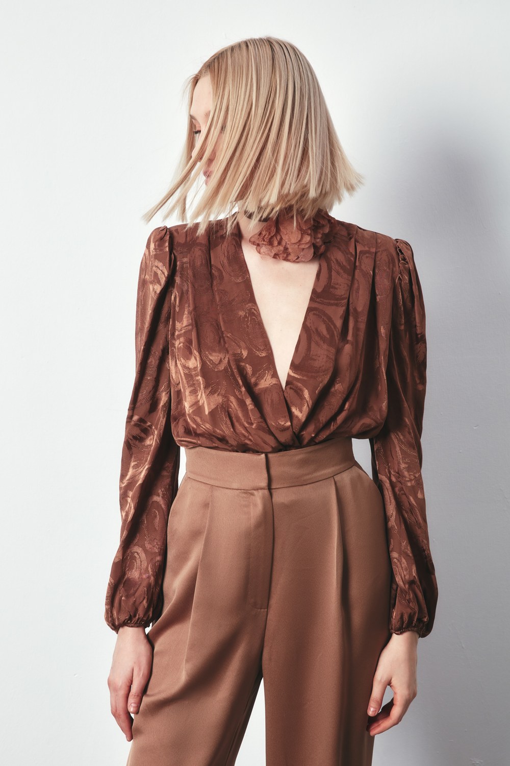 Desenli Kruvaze Bodysuit - Kahve