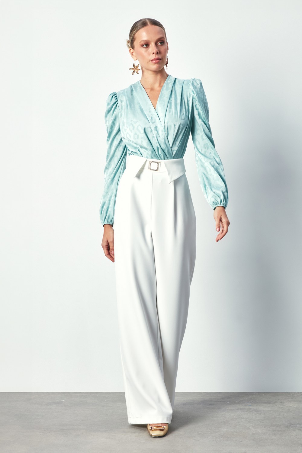 Kruvaze Desenli Bodysuit Bluz - Mint