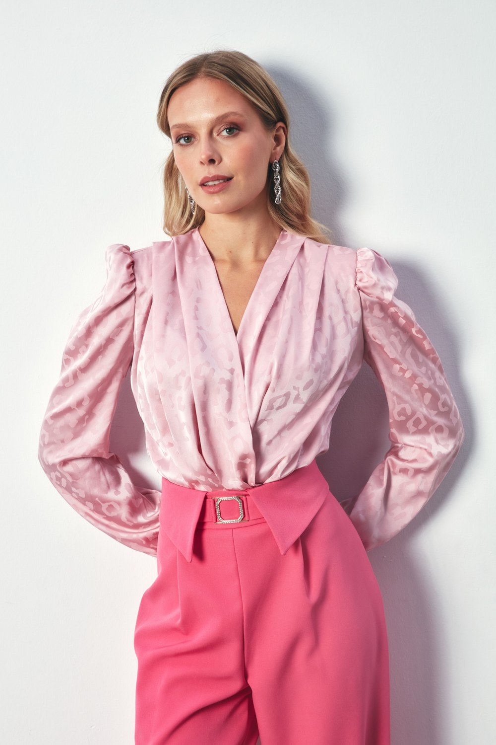 Kruvaze Desenli Bodysuit Bluz - Pudra