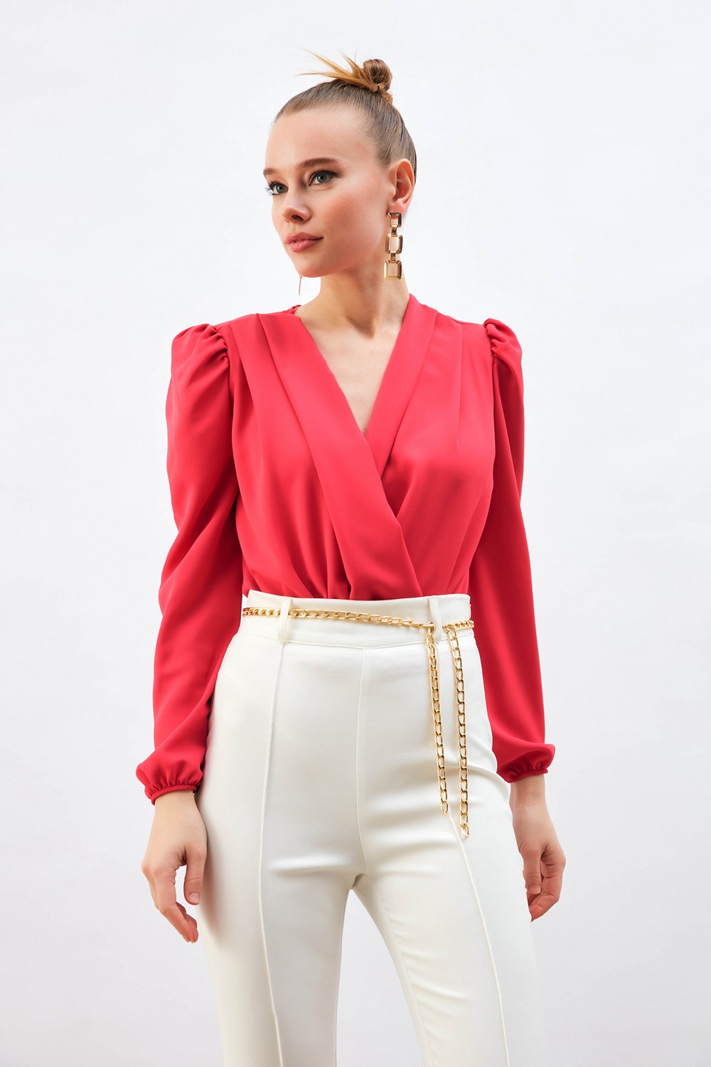 Kruvaze Vatkalı Bodysuit - Mercan