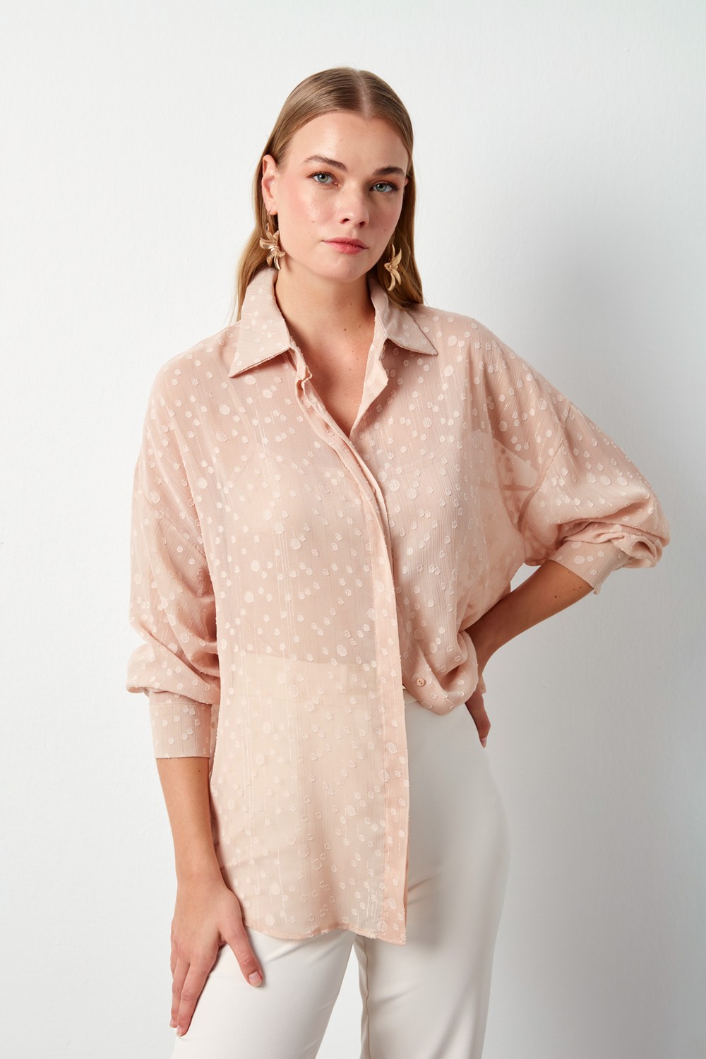 Desenli Uzun Gömlek - Pudra
