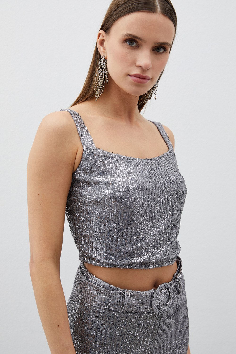 Payetli Crop Bluz - Gümüş